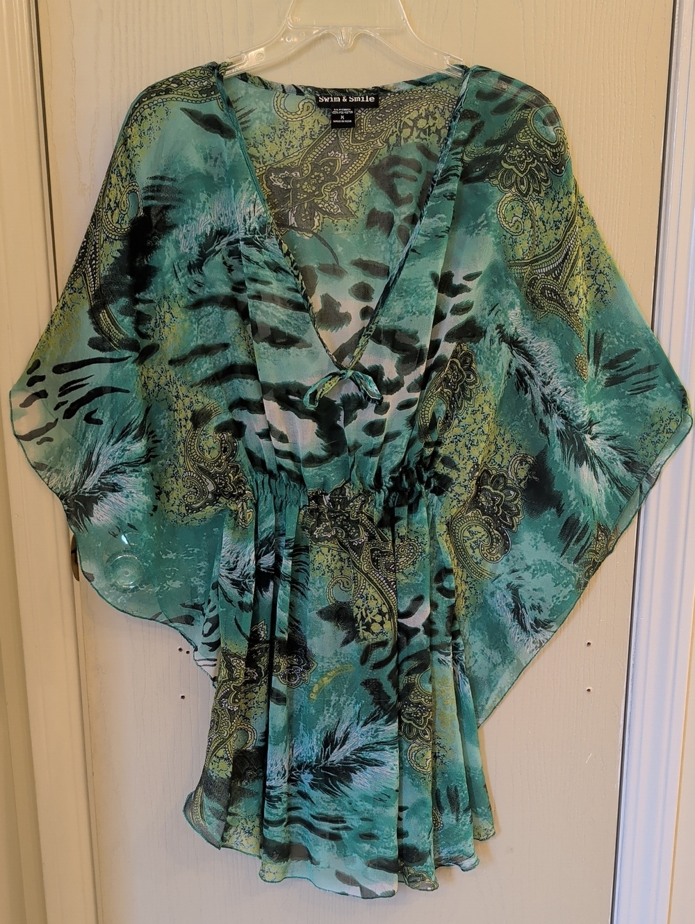 Swim & Smile Green Printed V-Neck Tie-Waist Swim Cover-Up Size M